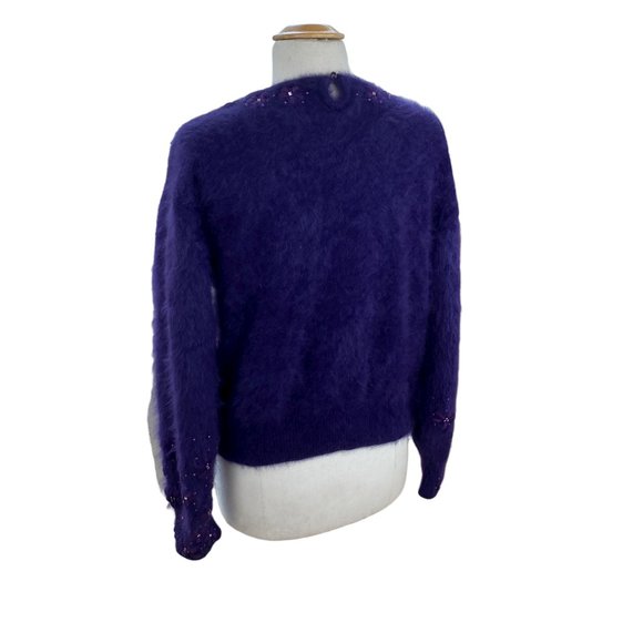 Vintage Angora Wool Sweater Purple Embroidered Flower Gems Dark Fairycore-L - Picture 9 of 14